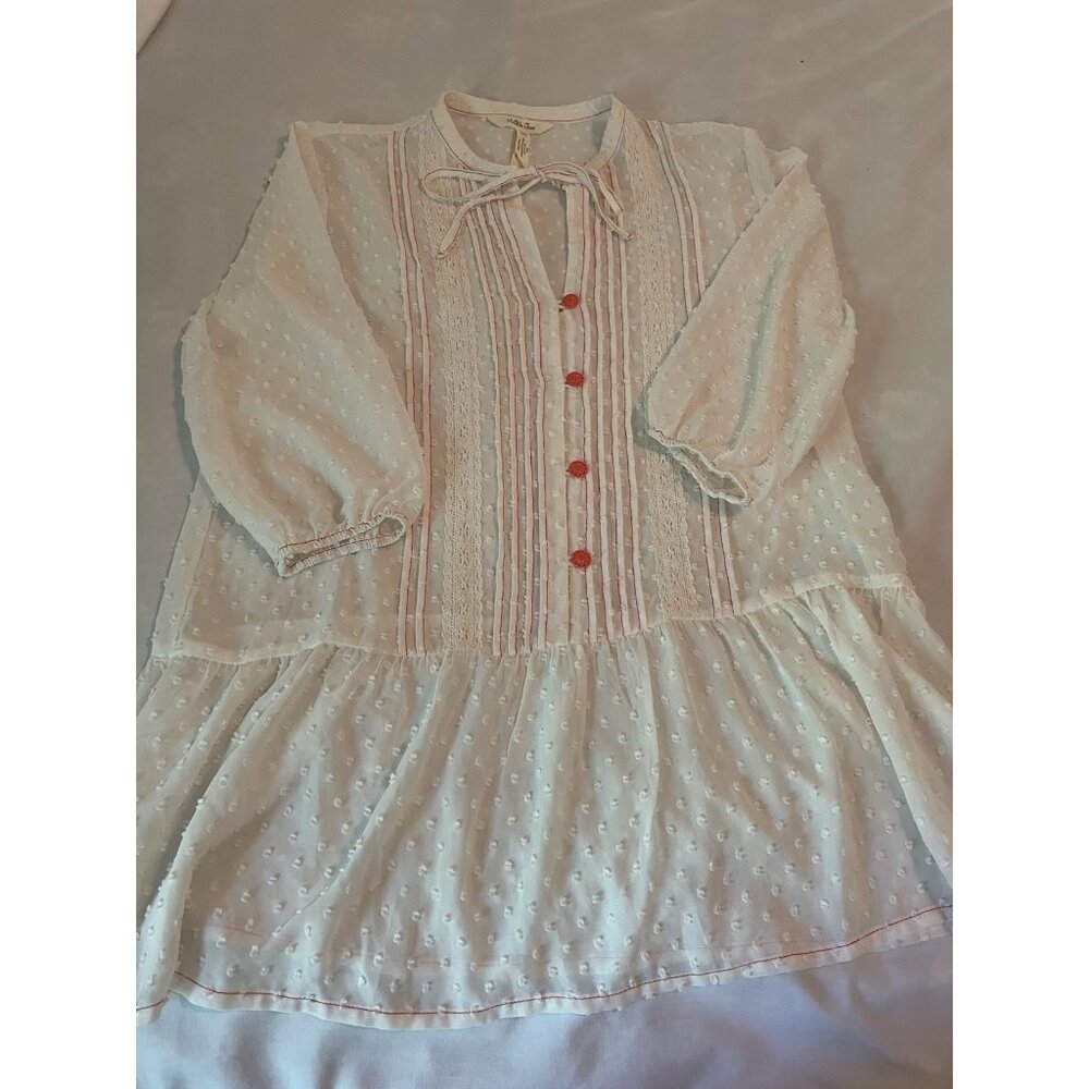 Matilda Jane white w/ light red‎ details sheer blouse top dot tie neck XSM